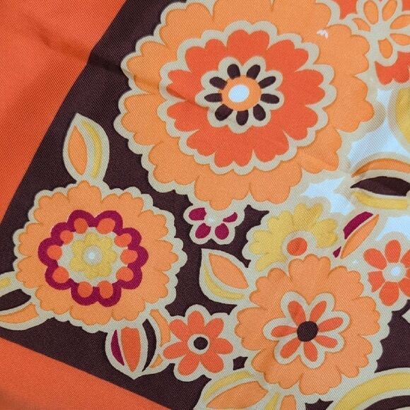 Vintage MCM Square Floral Orange and Brown Scarf - Picture 5 of 10